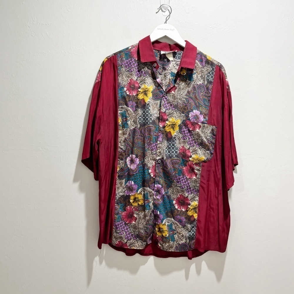 Vintage CLUB LOTTO Men’s Maroon Multi Color Short Sleeve Disco Shirt Button Up L